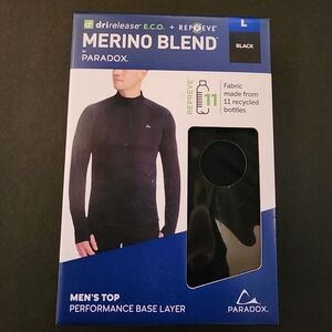 NWT, Paradox Men's LG Merino Wool Blend Performance Base Layer Long Sleeve Black